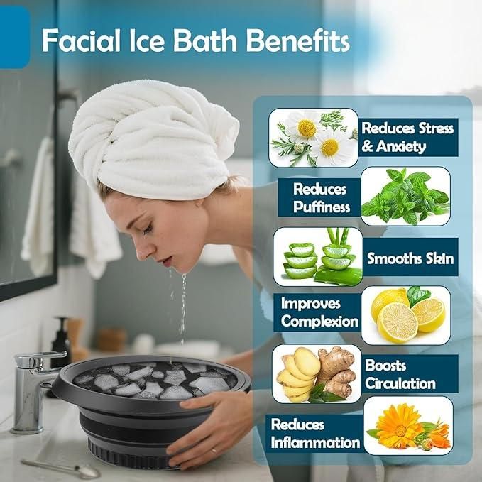 Silicone Ice Face Bowl for Facial Bath – Quick Cooling Portable Basin with Built-in Ice Tray & Bonus Suction Hook | Home Spa Beauty Skincare for Puffiness Relief & Soothe Skin